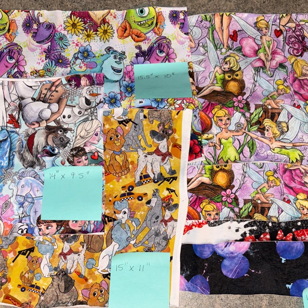 7PACK assorted Colourful Disney Cartoon Fabric Squares- sizes vary !!!